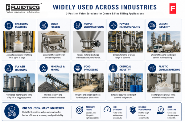 Fluidtecq 3-position valve automation solution for accurate coarse and fine filling using Ball Valves, Butterfly Valves and Knife Gate Valves.