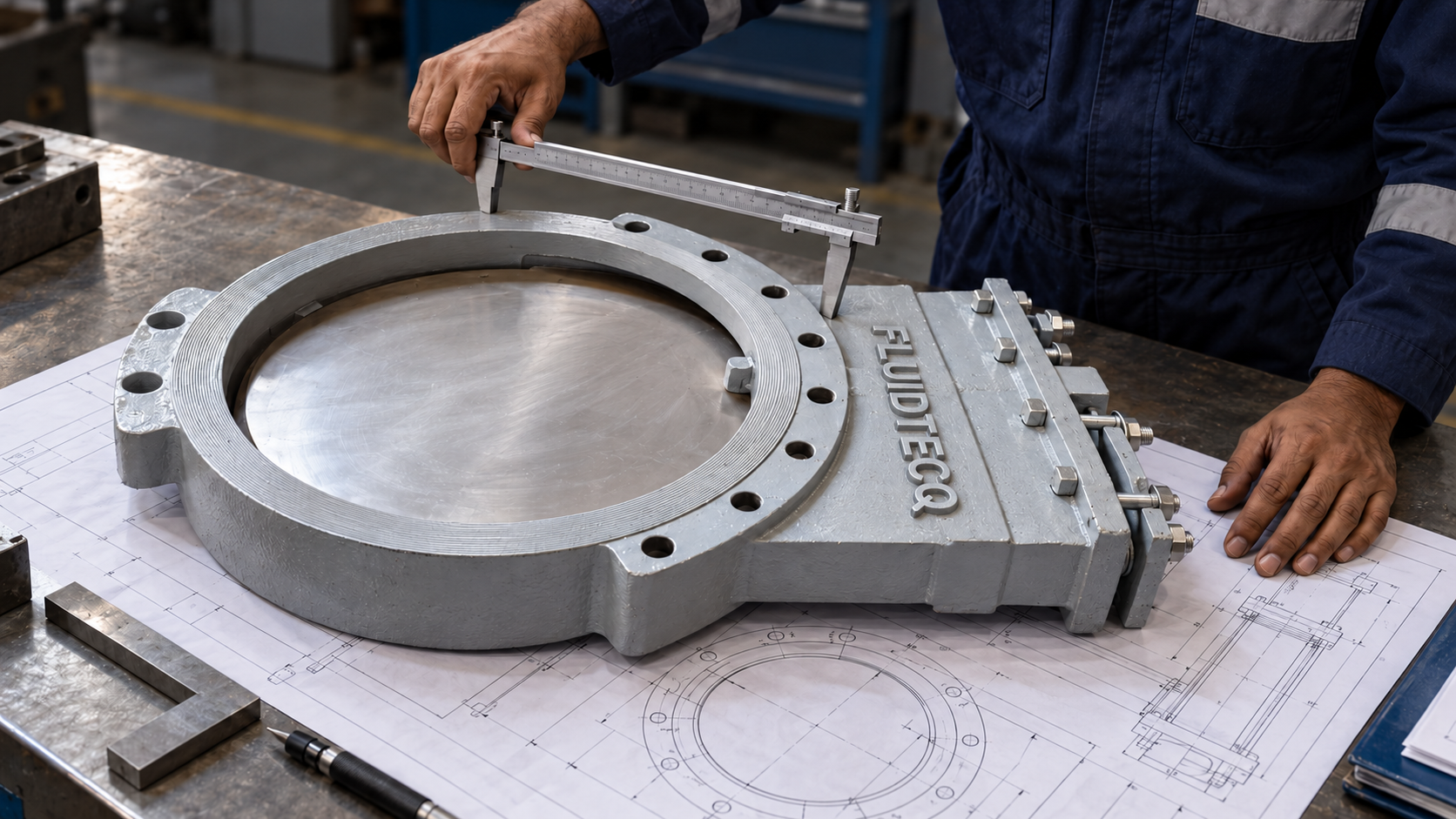 Illustration of an engineer checking a Fluidtecq knife gate valve body with a vernier caliper on an engineering drawing.”