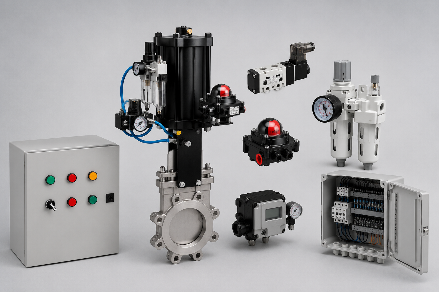 "Fluidtecq pneumatic knife gate valve with automation accessories including air filter regulator (AFR), solenoid valve, limit switch box, positioner, and PLC control panel.