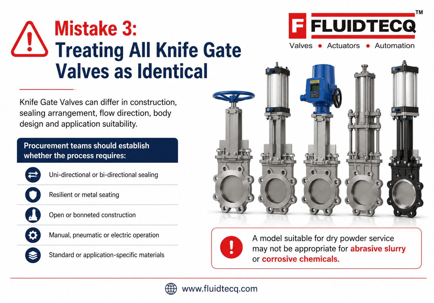 Infographic explaining why all knife gate valves are not identical, highlighting differences in sealing direction, seat type, bonneted and open construction, manual, pneumatic or electric actuation, and material selection for slurry, dry powder and corrosive chemical applications. Fluidtecq industrial valve procurement guide