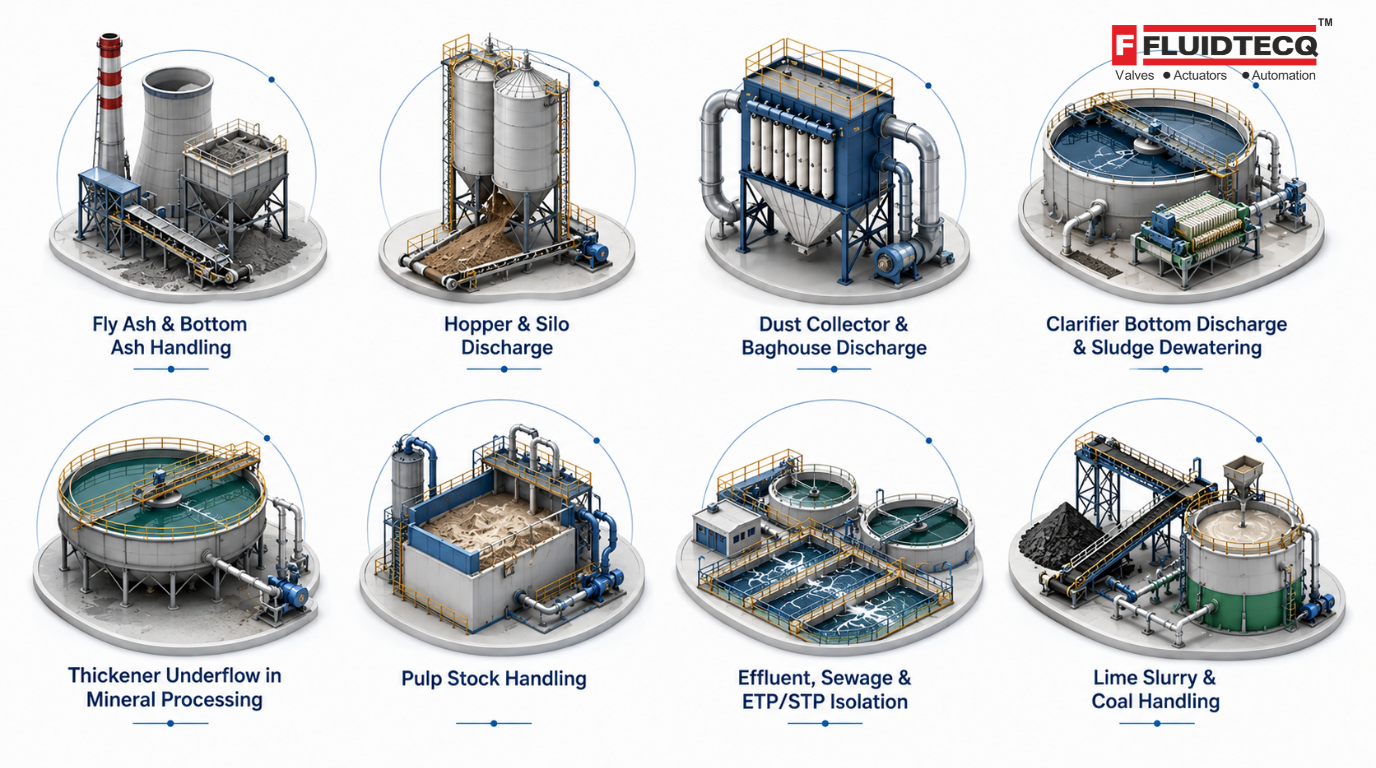 Infographic showing the typical applications of Fluidtecq knife gate valves including fly ash handling, hopper and silo discharge, baghouse dust collection, clarifier sludge dewatering, mineral processing, pulp and paper, wastewater treatment, and lime slurry and coal handling.