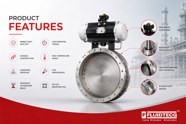 Fluidtecq pneumatic butterfly valve product features including bubble-tight shut-off, low operating torque, corrosion-resistant construction, and automation-ready designIllustration showcasing the key features of Fluidtecq Pneumatic Butterfly Valves, including bubble-tight sealing, low operating torque, corrosion-resistant construction, ISO 5211 mounting, and pneumatic automation readiness for industrial process applications.