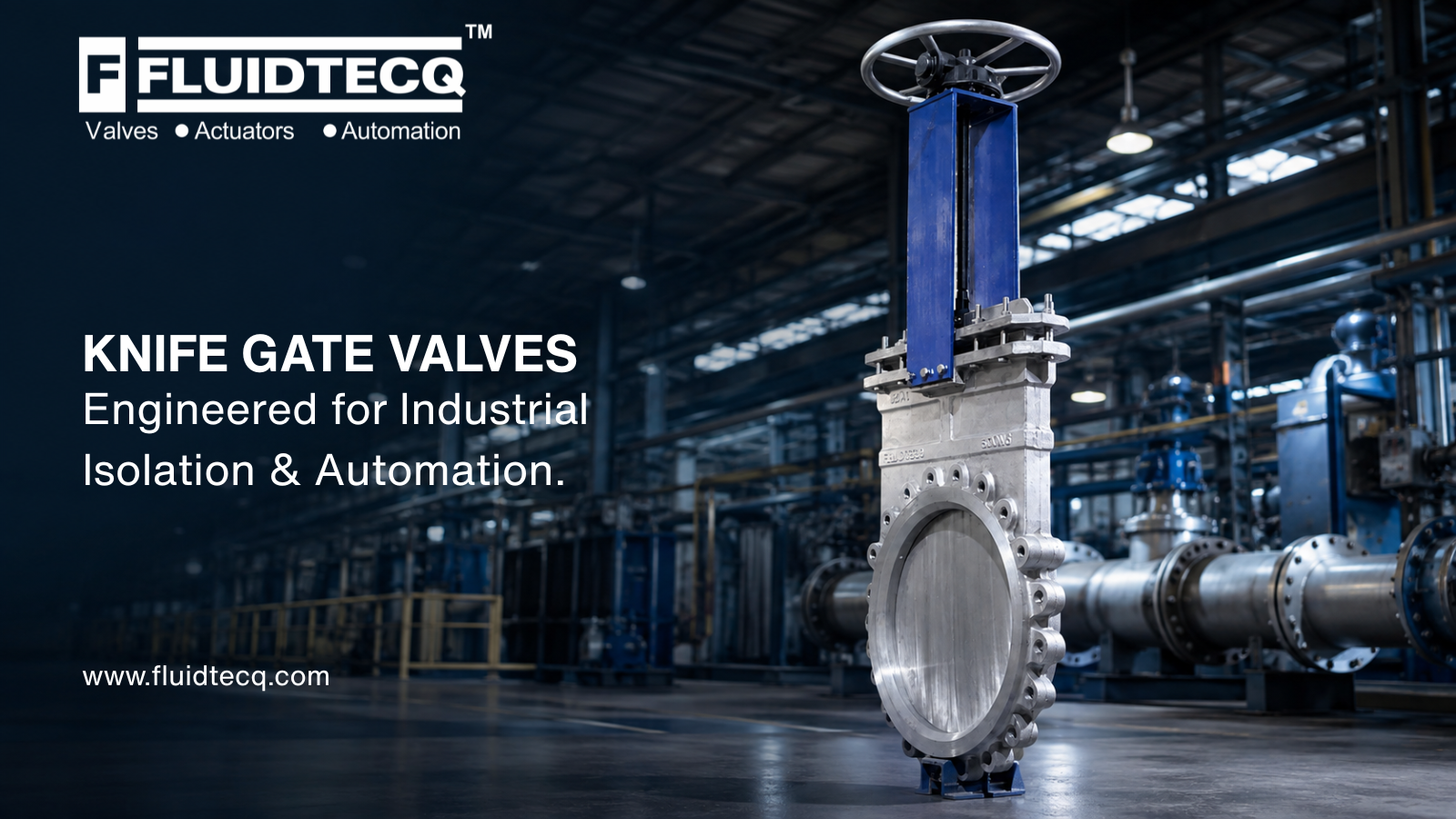 Fluidtecq pneumatic knife gate valve for heavy-duty industrial isolation and automated flow control
