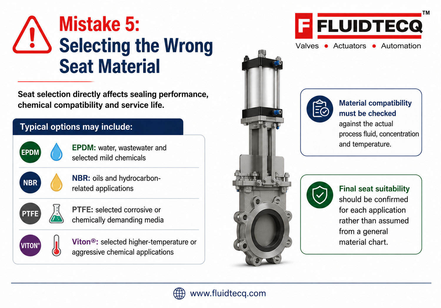 Infographic explaining how selecting the correct knife gate valve seat material improves sealing performance, chemical compatibility and service life. Compares EPDM for water and wastewater, NBR for oils and hydrocarbons, PTFE for corrosive chemicals, and Viton® for high-temperature and aggressive chemical applications. Emphasises that seat material compatibility should always be verified against the actual process fluid, concentration and operating temperature before final selection. Fluidtecq industrial valve procurement guide